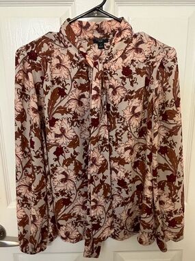 Ann Taylor Floral Tie-Neck Blouse in Cream, Brown & Burgundy